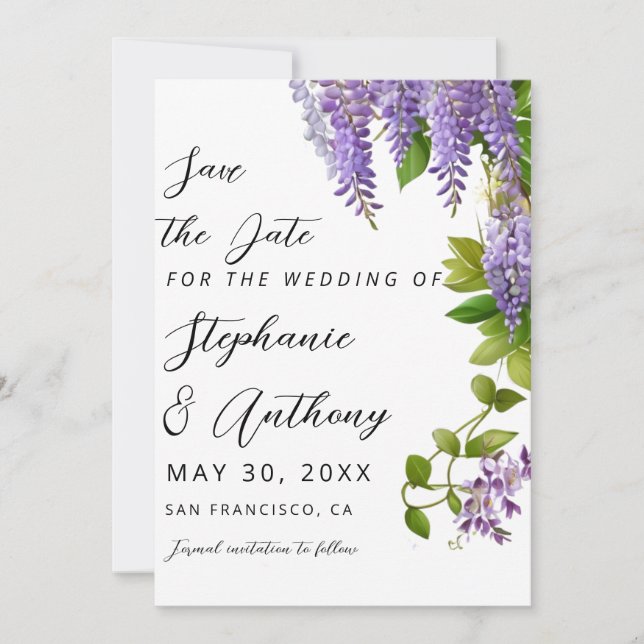 Save The Date Mariage de la glycine violette à pendaison botaniq (Devant)