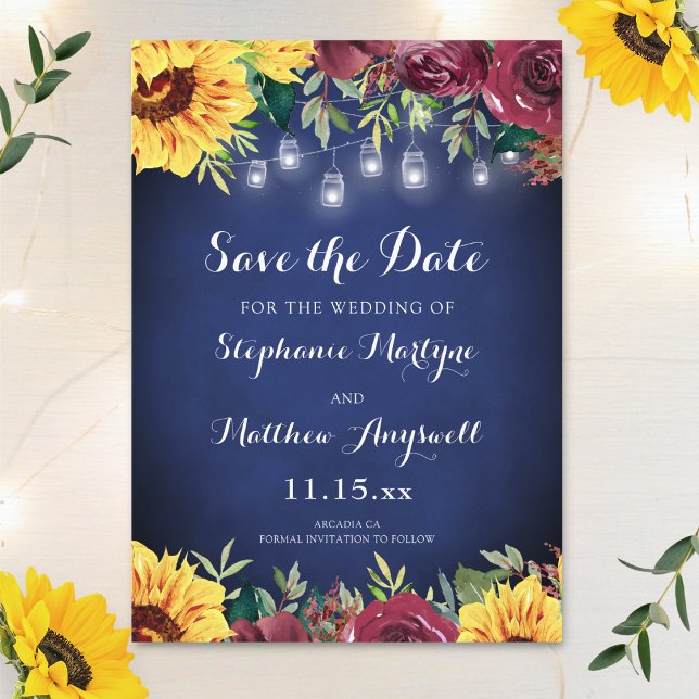 Save The Date Mariage de la marine Blue Sunflower Mason Jar (Créateur téléchargé)
