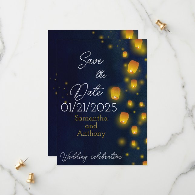 Save The Date Mariage de lampions magiques Sauvez les dates (Devant/Arrière en situation)