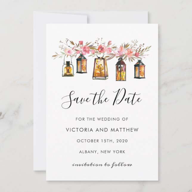 Save The Date Mariage de lanternes florales rustiques Enregistre (Devant)