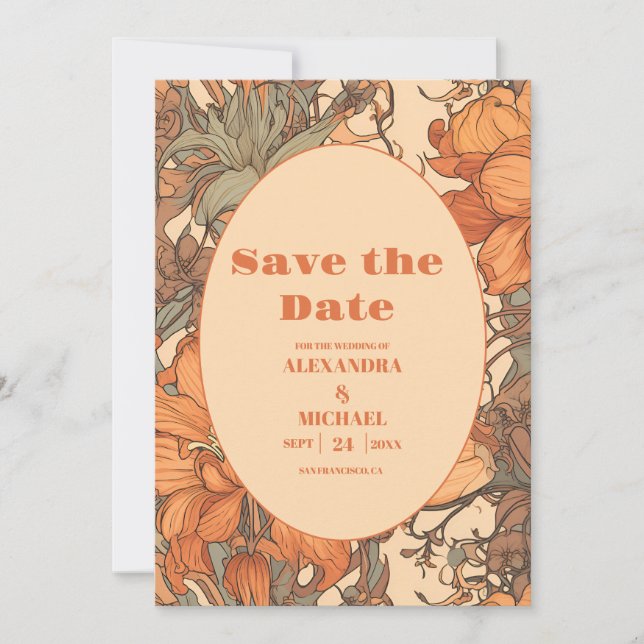 Save The Date Mariage de l'Art Nouveau Floral Orange Brûlé (Devant)