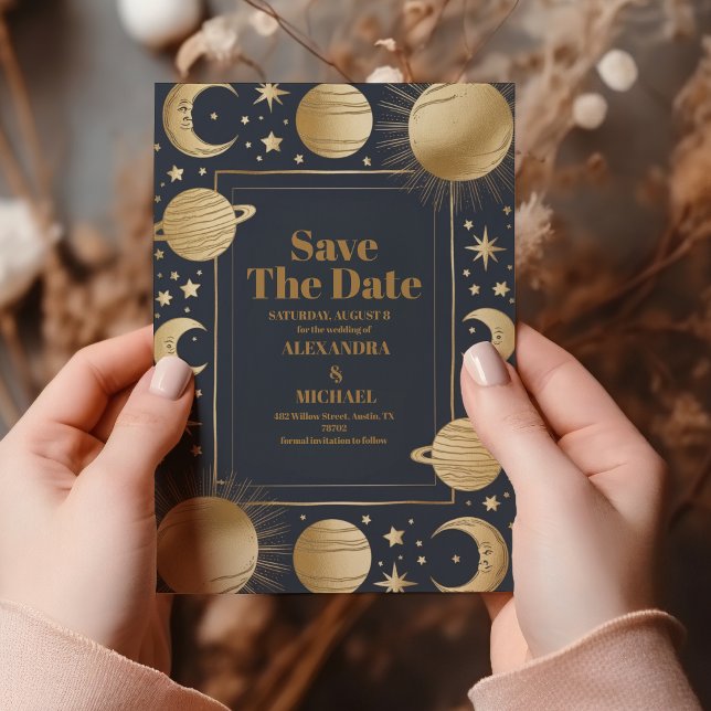Save The Date Mariage de lune Crescent or de la Marine céleste (Créateur téléchargé)