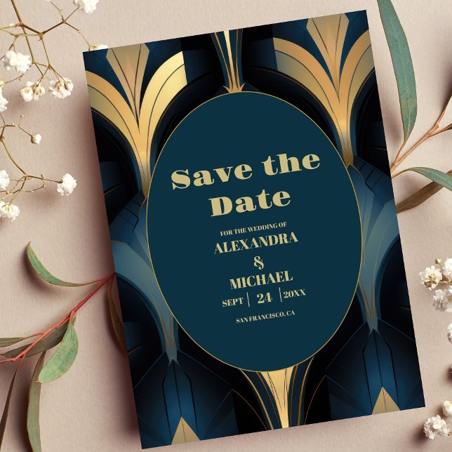Save The Date Mariage de luxe Art déco bleu et or (Créateur téléchargé)