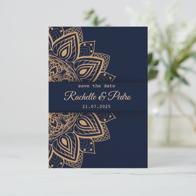 Save The Date Mariage de Luxe Bleu Or Élégant (Debout devant)