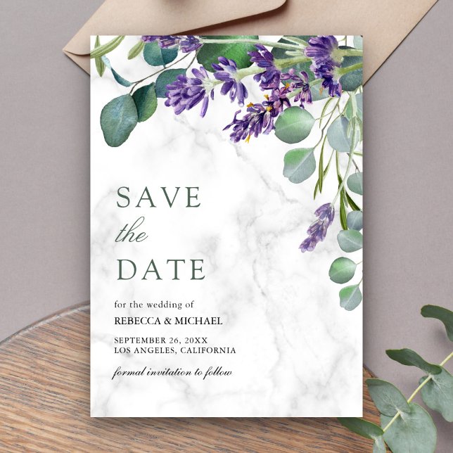 Save The Date Mariage de Marbre blanc Lavande et Eucalyptus (Créateur téléchargé)