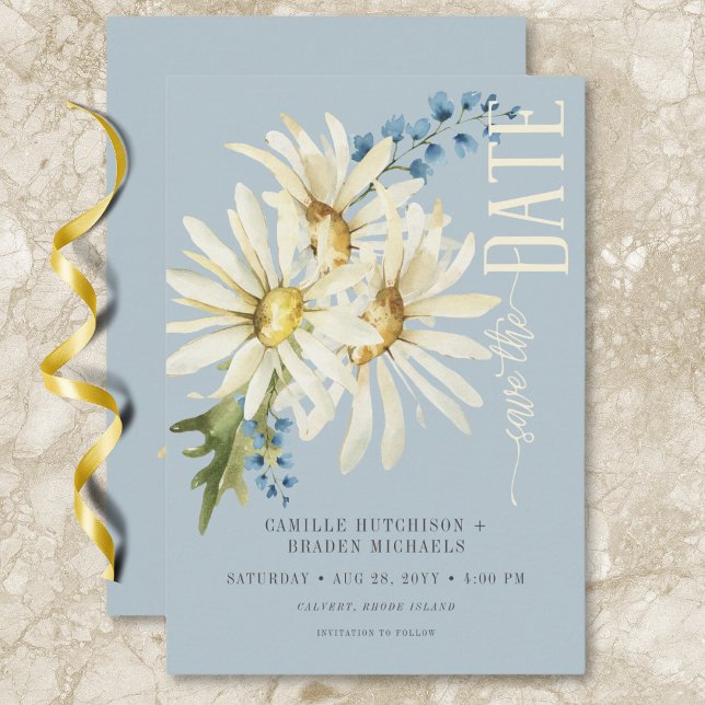 Save The Date Mariage de marguerites bleues et blanches rustique (Rustic Blue & White Daisies Wedding Save The Date)