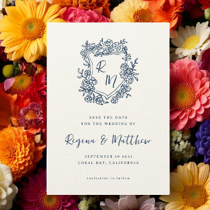Save The Date Mariage de monogramme de crête florale bleu dessin