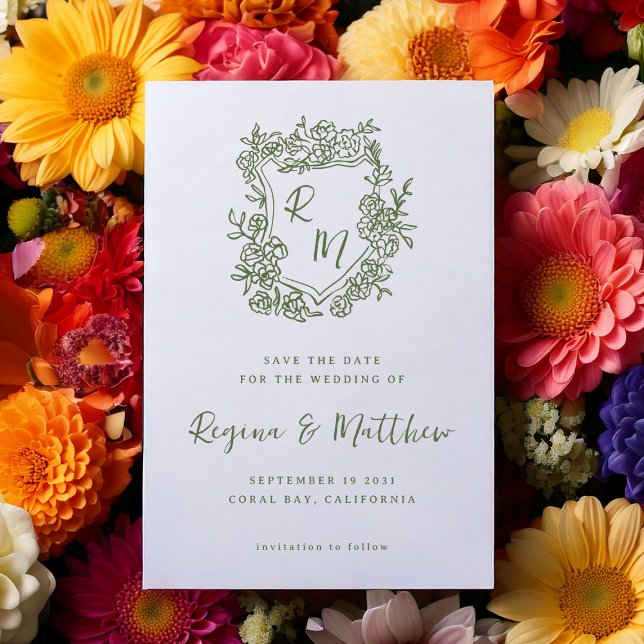 Save The Date Mariage de monogramme de crête florale funky tiré  (Créateur téléchargé)