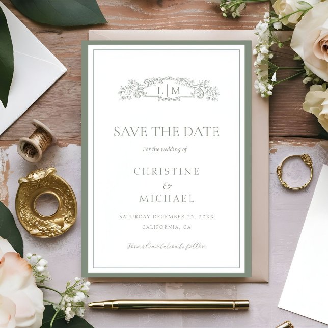 Save The Date Mariage de monogramme de la crête botanique verte  (Créateur téléchargé)