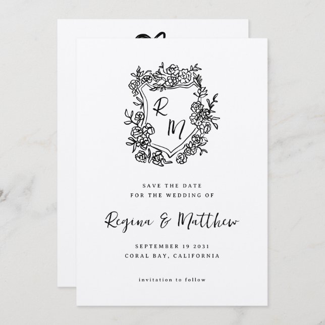 Save The Date Mariage de monogramme de poitrine florale noire de (Devant / Derrière)