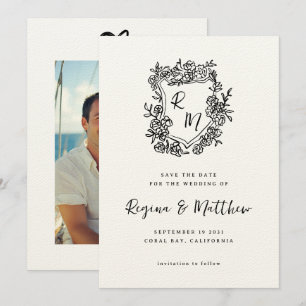 Save The Date Mariage de monogramme de poitrine florale noire de