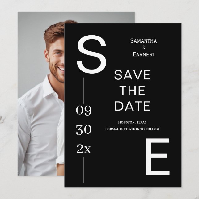 Save The Date Mariage de monogramme minimal noir et blanc modern (Devant / Derrière)