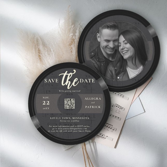 Save The Date Mariage de musicien Enregistrer la date Code QR Ph (music wedding save the date photo musician vintage vinyl record partition notes QR code black)