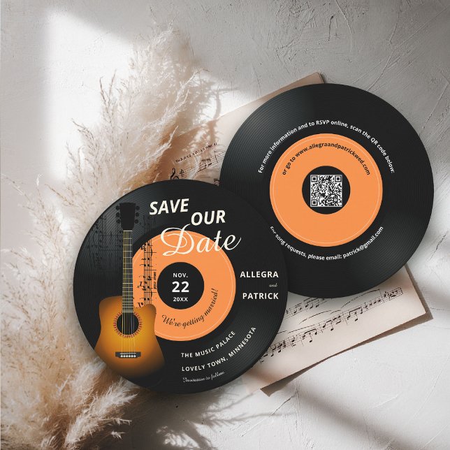 Save The Date Mariage de musique Enregistrer la date Vinyl Vinta (music wedding save the date musician vintage vinyl record partition notes musical festival guitar QR)