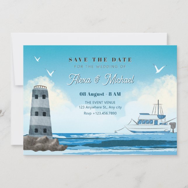 Save The Date Mariage de navire océanique bleu aquarelle (Devant)