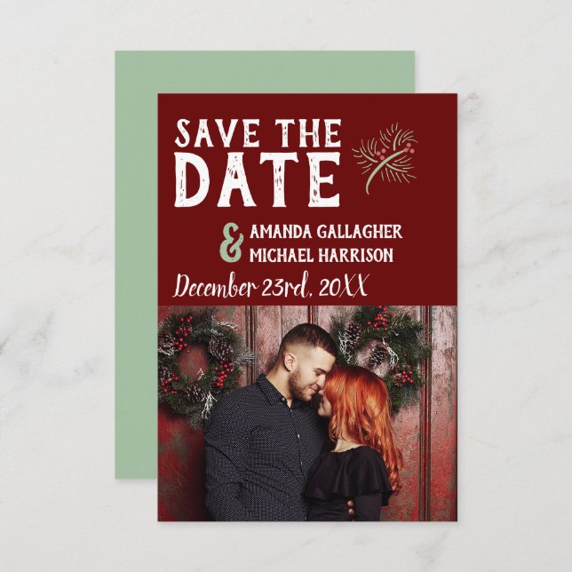 Save The Date Mariage de Noël Bourgogne Sage Pine d'hiver Photo (Devant / Derrière)