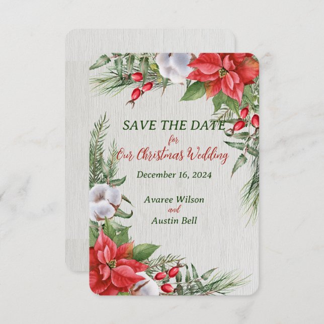 Save The Date Mariage de Noël Poinsettia Rouge Feuilles Vertes (Devant / Derrière)