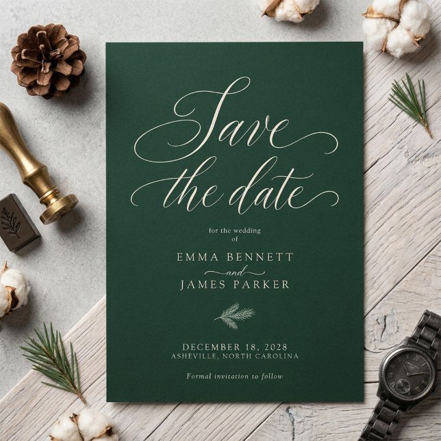 Save The Date Mariage de Noël Vert Forêt Ivory Script (Créateur téléchargé)