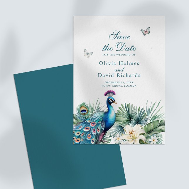 Save The Date Mariage de paon tropical turquoise Enregistrer la  (Teal Tropical Peacock Wedding Save the Date Card on a white table)