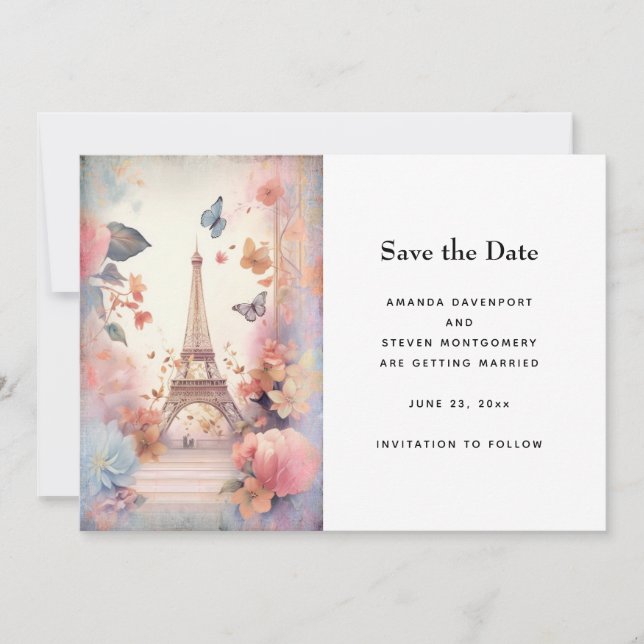 Save The Date Mariage de papillons et fleurs Tour Eiffel (Devant)