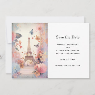 Save The Date Mariage de papillons et fleurs Tour Eiffel