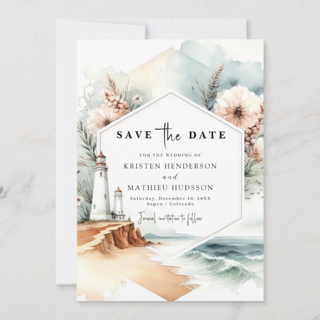 Save The Date Mariage de phare de charme Whimsical personnalisé (Devant)