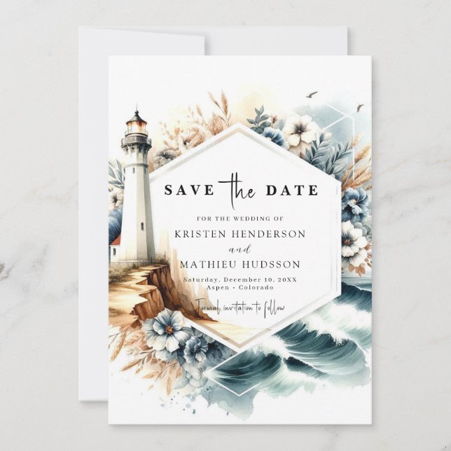 Save The Date Mariage de phare Oceanic Whimsy personnalisé (Devant)