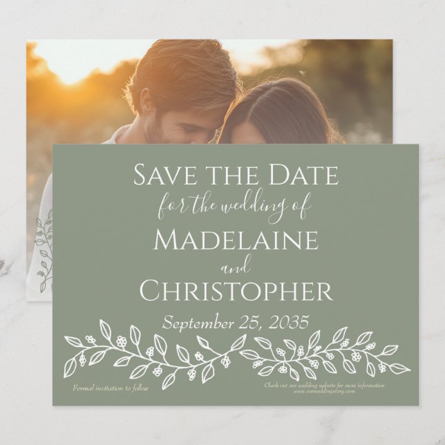 Save The Date Mariage de photo botanique moderne Boho Sage Green (Devant / Derrière)