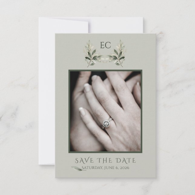 Save The Date Mariage de photo de monogramme de branche d'olive  (Devant)