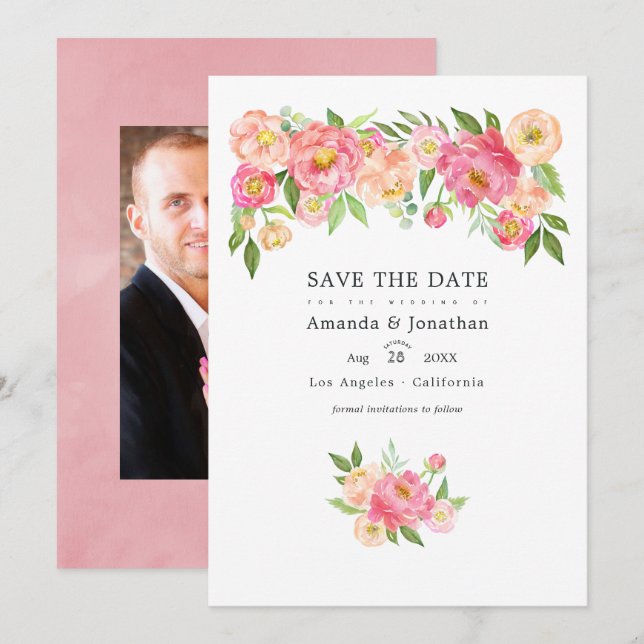 Save The Date Mariage de photo de pivoines à l'aquarelle rose pa (Devant / Derrière)