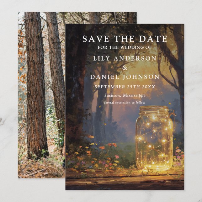 Save The Date Mariage de photo de pot Mason de forêt enchantée r (Devant / Derrière)