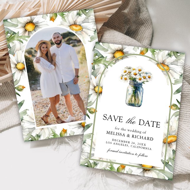 Save The Date Mariage de photo de pot Mason floral de marguerite (Créateur téléchargé)