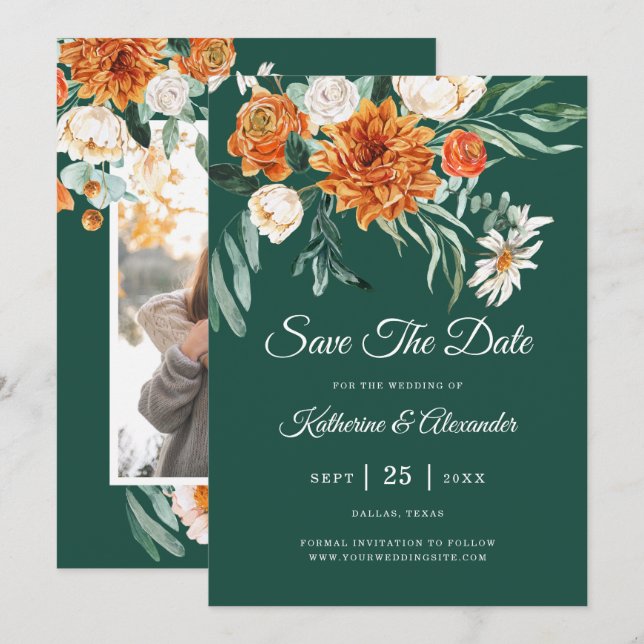Save The Date Mariage de photo floral élégant vert émeraude oran (Devant / Derrière)
