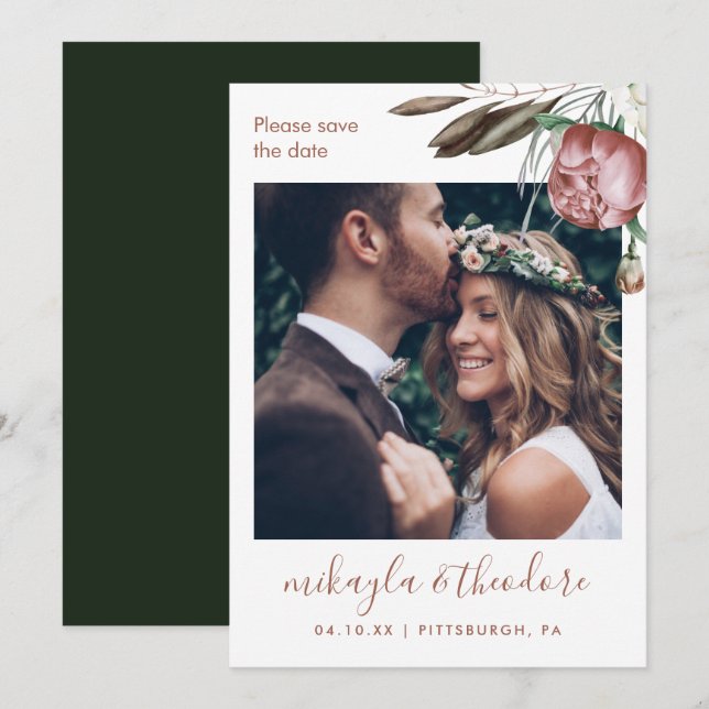 Save The Date Mariage de photo moderne vert Boho Floral (Devant / Derrière)