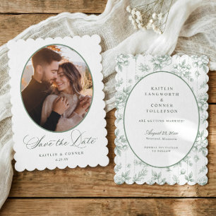 Save The Date Mariage de photo ovale florale vintage vert sauge