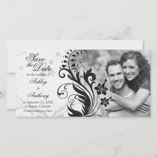 Save The Date Mariage de photos florales noires et blanches Enre (Devant)