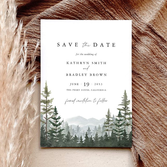 Save The Date Mariage de pinède de montagne (Mountain forest save the date, sage green pine tree wedding stationery, woodland save the date card)