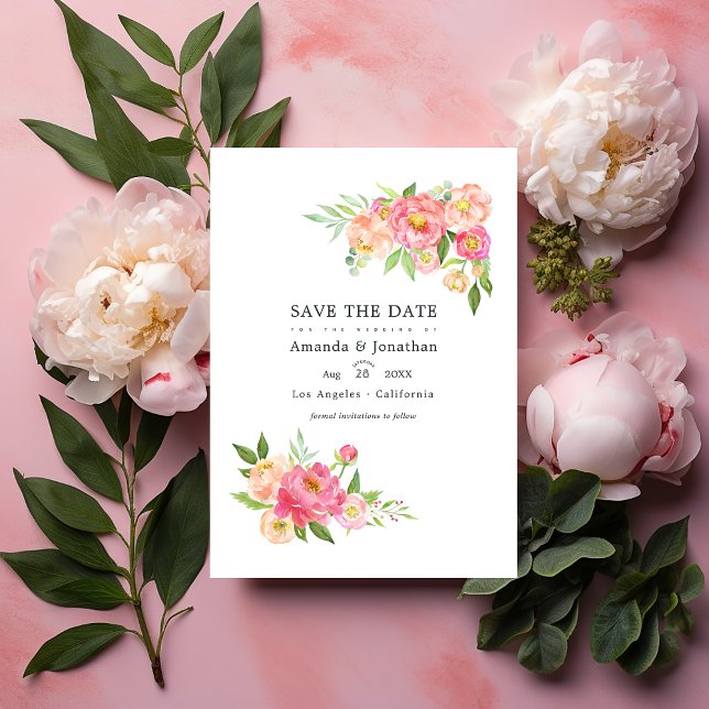 Save The Date Mariage de pivoines aquarelles printanières Photo (Pink Peonies Wedding)