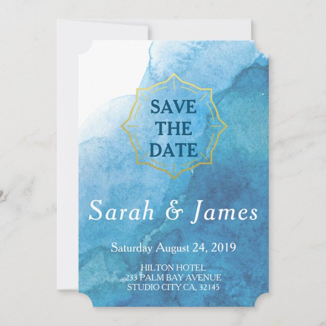 Save The Date Mariage de plage à l'aquarelle bleu marine et blan (Devant)