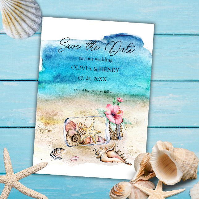 Save The Date Mariage de plage à l'aquarelle Étoile de mer et co (Créateur téléchargé)