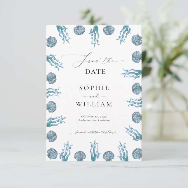 Save The Date Mariage de plage avec cadre coquillage bleu marine (Debout devant)