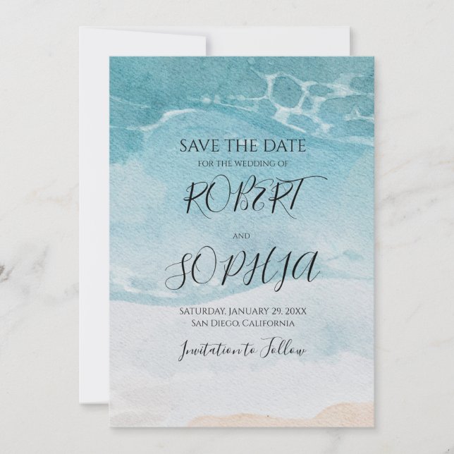 Save The Date Mariage de plage bleu d'été (Devant)