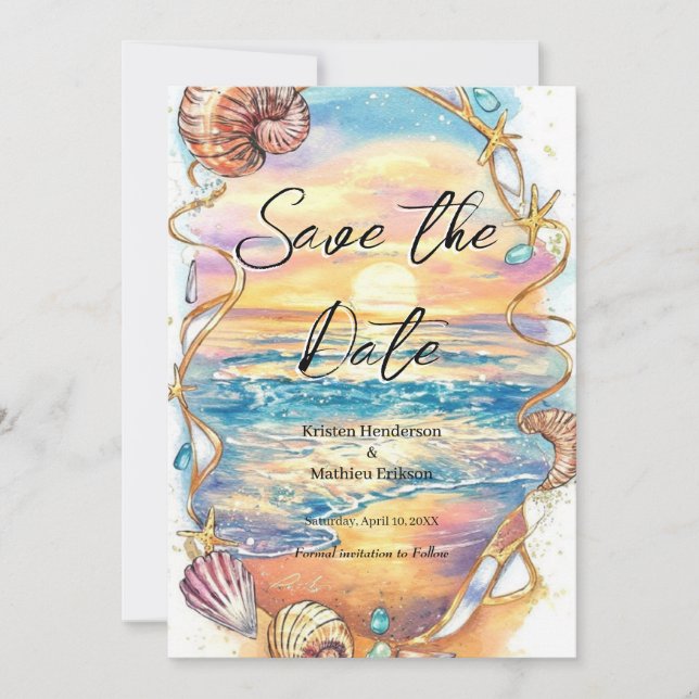 Save The Date Mariage de plage de coquillages romantiques (Devant)