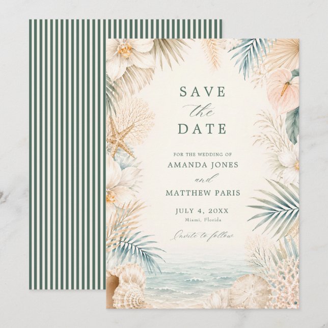 Save The Date Mariage de plage élégant à rayures côtières  (Devant / Derrière)