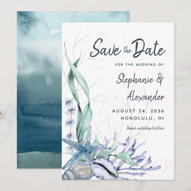 Save The Date Mariage de plage moderne aquarelle bleu (Devant / Derrière)
