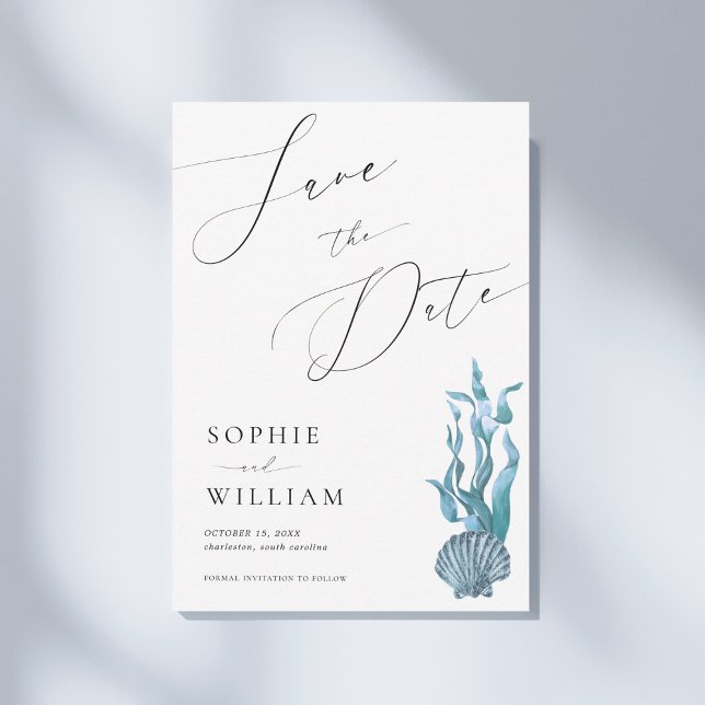 Save The Date Mariage de plage océanique coquille bleue nautique (Créateur téléchargé)
