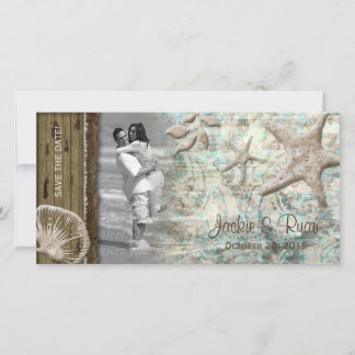 Save The Date Mariage de plage Photocard Coquillage Beige Bois