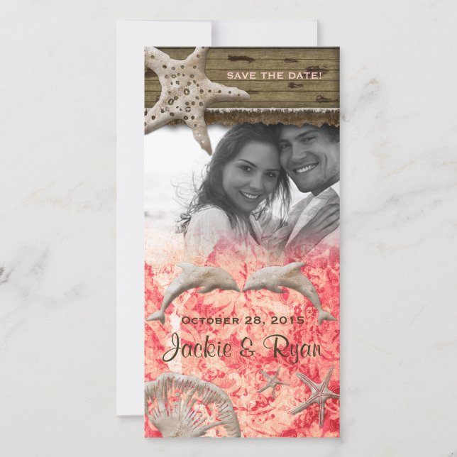 Save The Date Mariage de plage Photocard Dolphins Coral Shells (Devant)