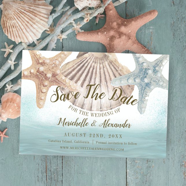 Save The Date Mariage de plage tropicale Starfish Seashell (Créateur téléchargé)