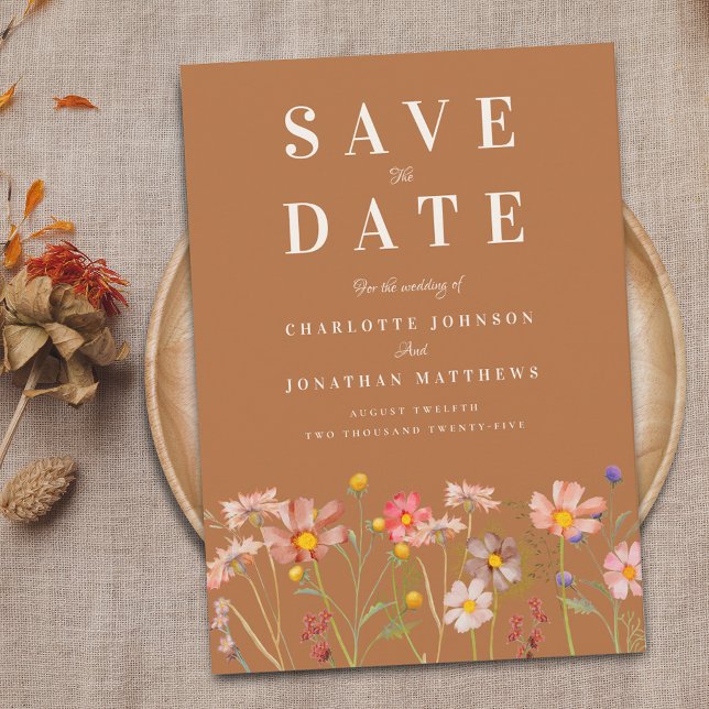 Save The Date Mariage de prairie Fleur sauvage en terre cuite (Terracotta Elegant Wildflower fall Wedding save the date)